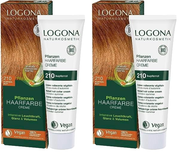 LOGONA Naturkosmetik Pflanzen-Haarfarbe Creme 210 Kupferrot, Kupferrote Natur Haarfarbe mit Henna, vegane Farbcreme für eine dauerhafte Coloration, schonende Färbung für glänzendes Haar, 150ml