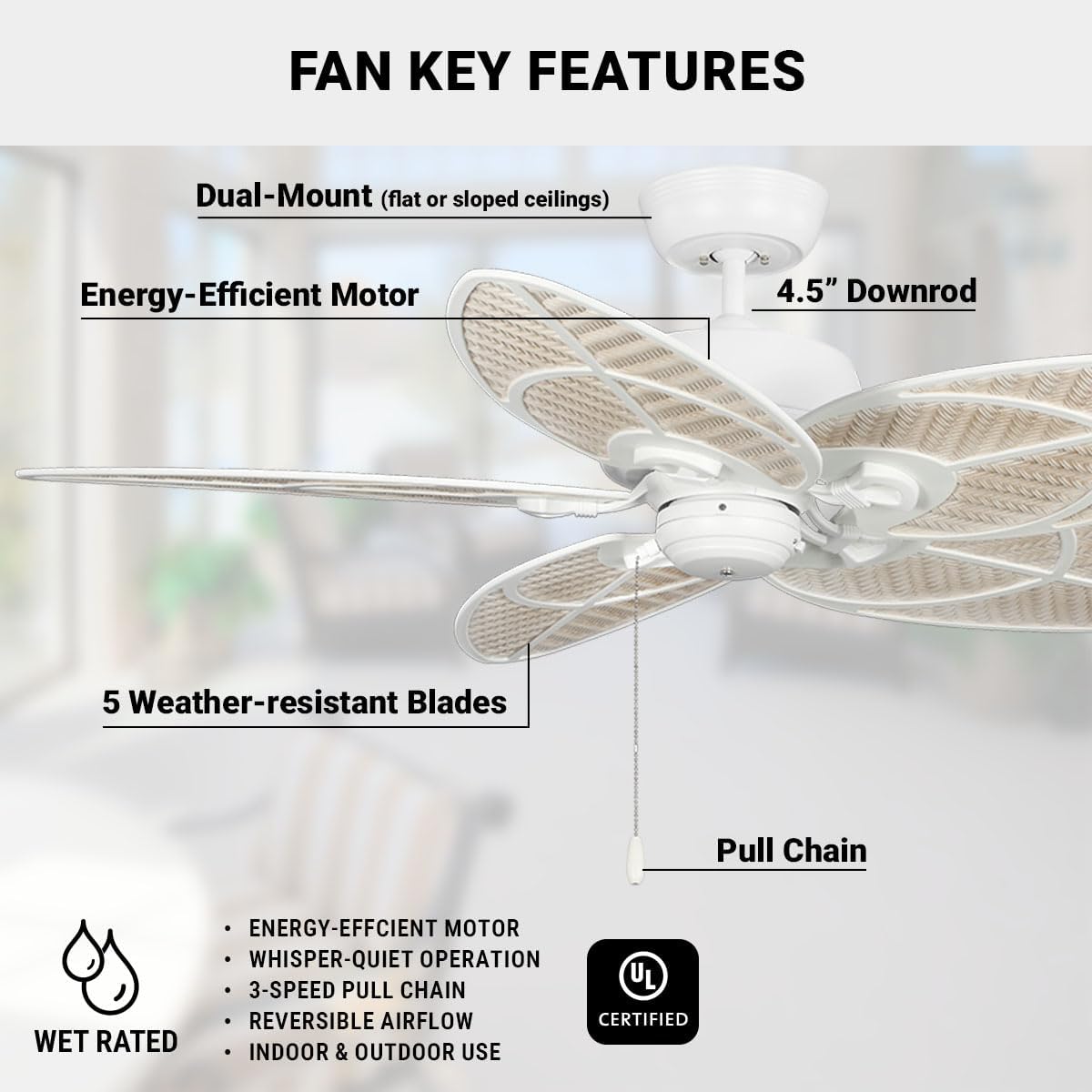 kathy ireland HOME [CF621SW] Batalie Breeze Outdoor Ceiling Fan, 52 Inch | Large Metal Fixture with Palm Leaf Blades, Quiet Motor, and Pull Chain | Tropical Style for Outside and Indoor, Satin White