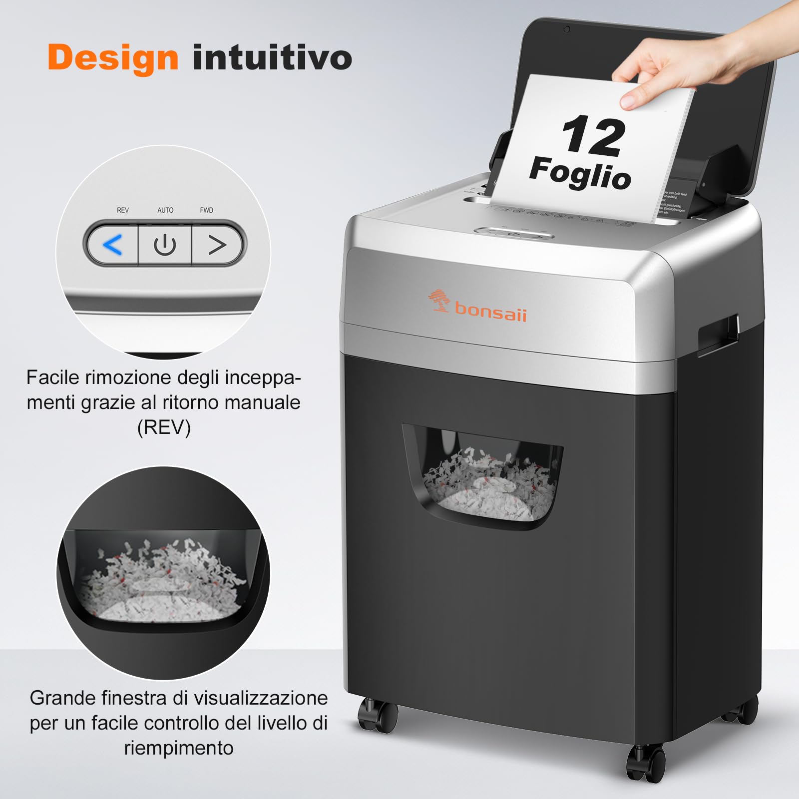 Bonsaii Distruggidocumenti con alimentazione automatica per 160 fogli, taglio a croce P-4, 60 minuti di funzionamento continuo, scatola di scarico da 23 litri, per uso ufficio C290-A