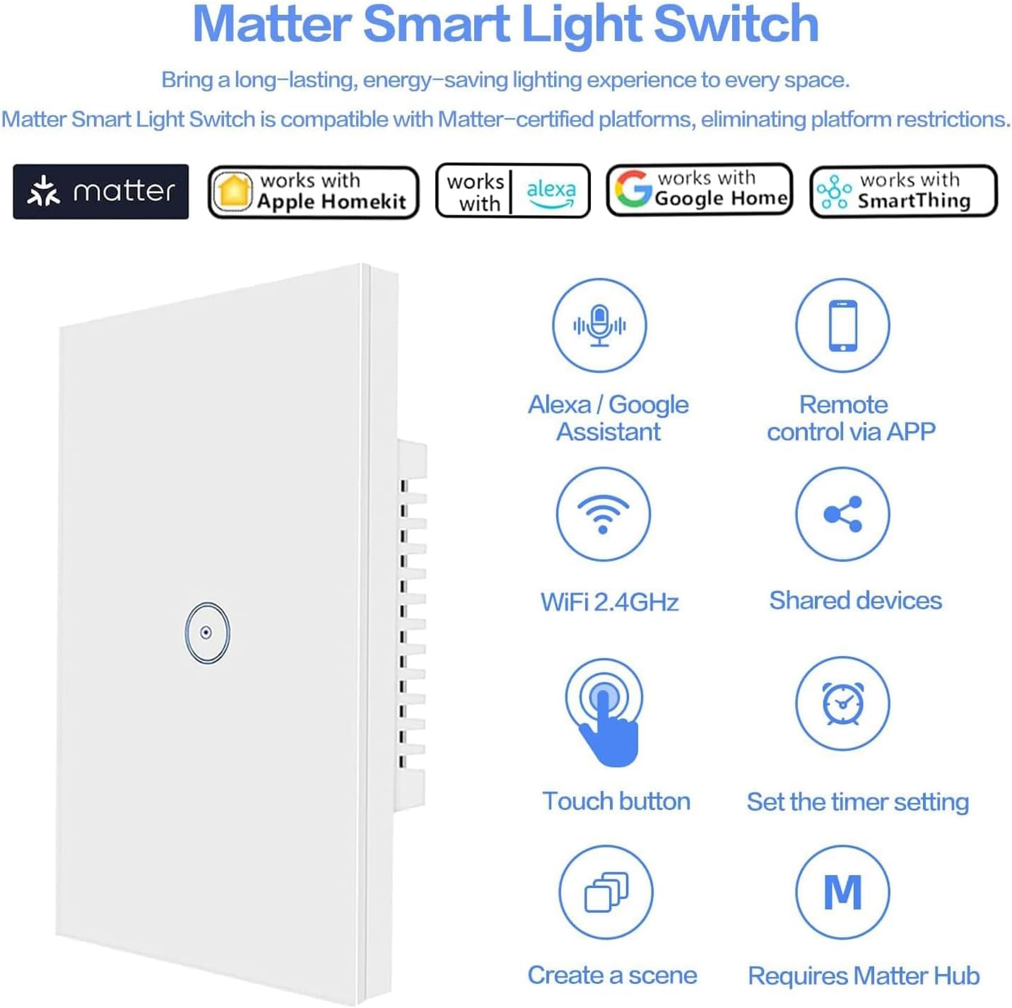 UseeLink Matter Wall Touch Smart Switch Neutral Wire Required, 3 Way Multi-Control, Glass Panel Light Switch Work with Smart Life/Tuya App, Remote Control, Alexa and Google Home White 1 Gang