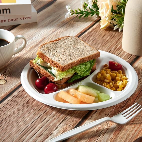 SANWALSA [9 inch, 3-Compartment, 15 Count, Round, White Disposable Bagasse Paper Plates | Eco-Friendly Sugarcane Plates for Wedding, Party, Picnic 2