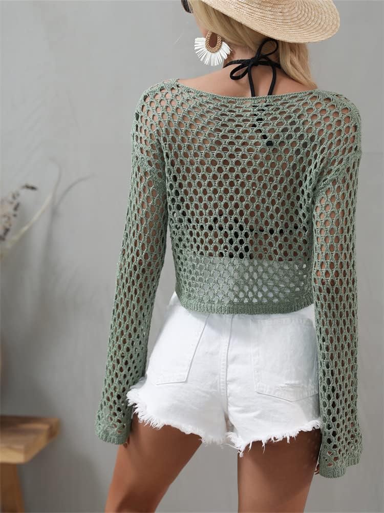KEOMUD Women Mesh Crochet Crop Top Long Sleeve Hollow Out Knit Sweater Bikini Beach See Through Cover Ups - Image 2