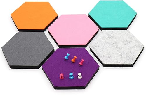 Miniatura 5 de Juego de 6 tableros de fieltro hexagonales, autoadhesivos, tableros de notas y fotos, azulejos decorativos de espuma colorida para pared con 6