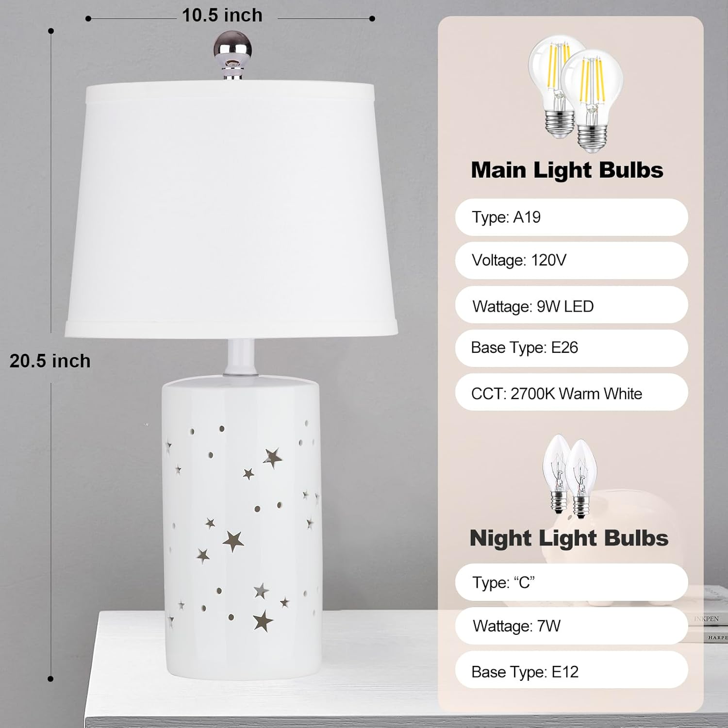 20.5" Modern White Ceramic Table Lamp Set of 2 for Bedroom Living Room Desk Lamp Small Bedside Lamps with Nightlight for Study Room Office Dorm Nightstand Lamp Side Table Lamp-LED Bulbs Include