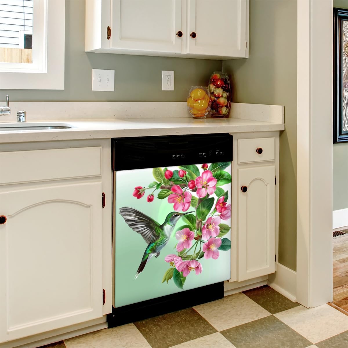 Spring Flower Hummingbird Dishwasher Magnet Cover Bird Floral Magnetic Dishwasher Decor Sticker Refrigerator Panel Decal Kitchen Home Decorative, 23 x 26 Inch
