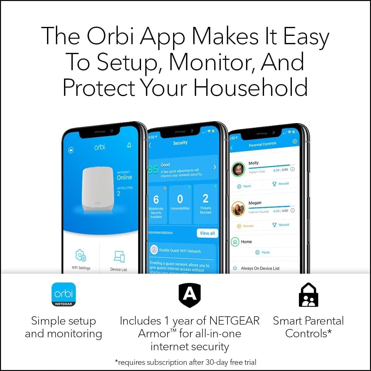 NETGEAR Orbi Sistema de Red de Malla WiFi 6 (RBK763S) – Router & 2 Extensor Satélites, características Seguridad, hasta 5,4 Gbps, Cubre 525 m², 75 Dispositivos, Armor Gratuita