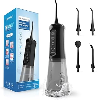 TUREWELL Irrigador Bucal Portatil de 310 ML con 5 Modos, 4 Boquillas, Irrigador Dental Recargable IPX7 Impermeable al Agua para el Hogar y Los Viajes, Mejora la Salud Dental