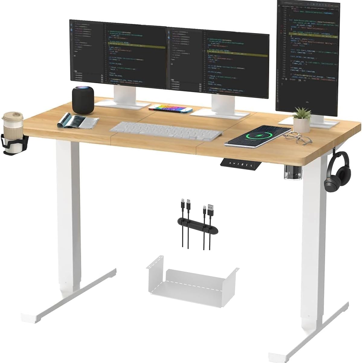 SANODESK QS1+140 * 60 Electric Standing Desk Height Adjustable Standing Desk With Memory Smart Panel Sit Stand Table With Hooks and Cupholder for Home Office (White Frame+ Maple Desktop)