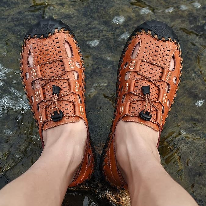 Mens Casual Closed Toe Leather Sandals Outdoor Fisherman Adjustable Sport Summer Shoes