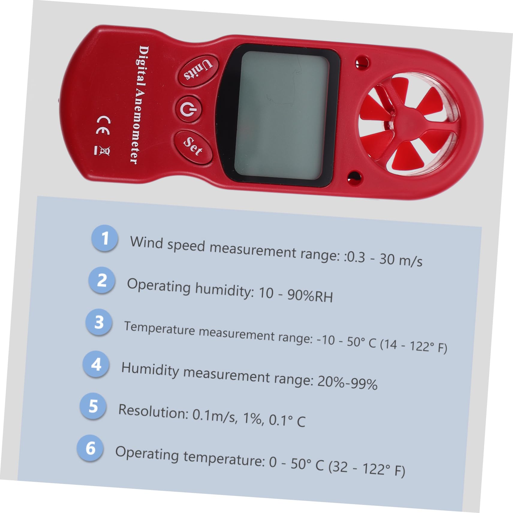 Anemometro Digitale Portatile con Termoigrometro, Misuratore di Velocità del Vento con Schermo Lcd Retroilluminato, Struttura in Plastica, 6 Pale per Sistemi di Ventilazione