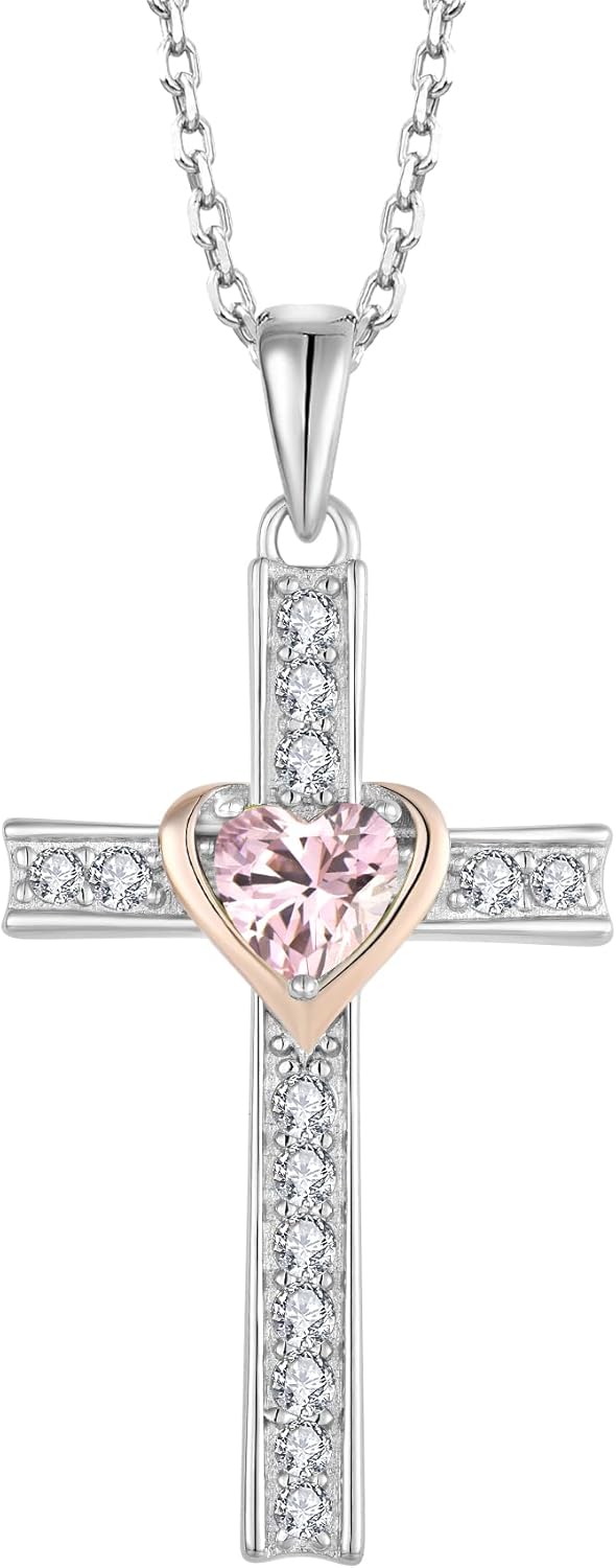 Women Necklace 925 Sterling Silver Heart Cross Pendant Necklace with Cubic Zirconia Jewelry
