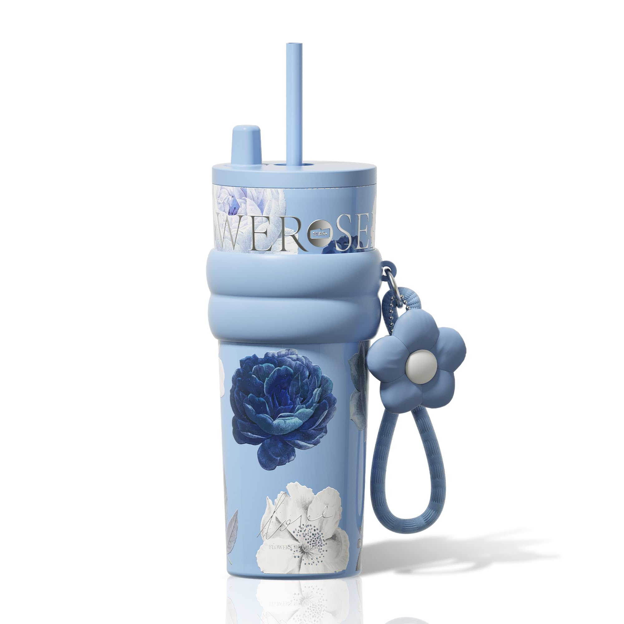 Sidagar 24 oz Insulated Tumbler witn Lid and Straw, Stainless Steel Reusable Leak Proof Water Bottle, Travel Portable Coffee Mug for Hot and Cold, Thermal Cup for Women, Floral Blue