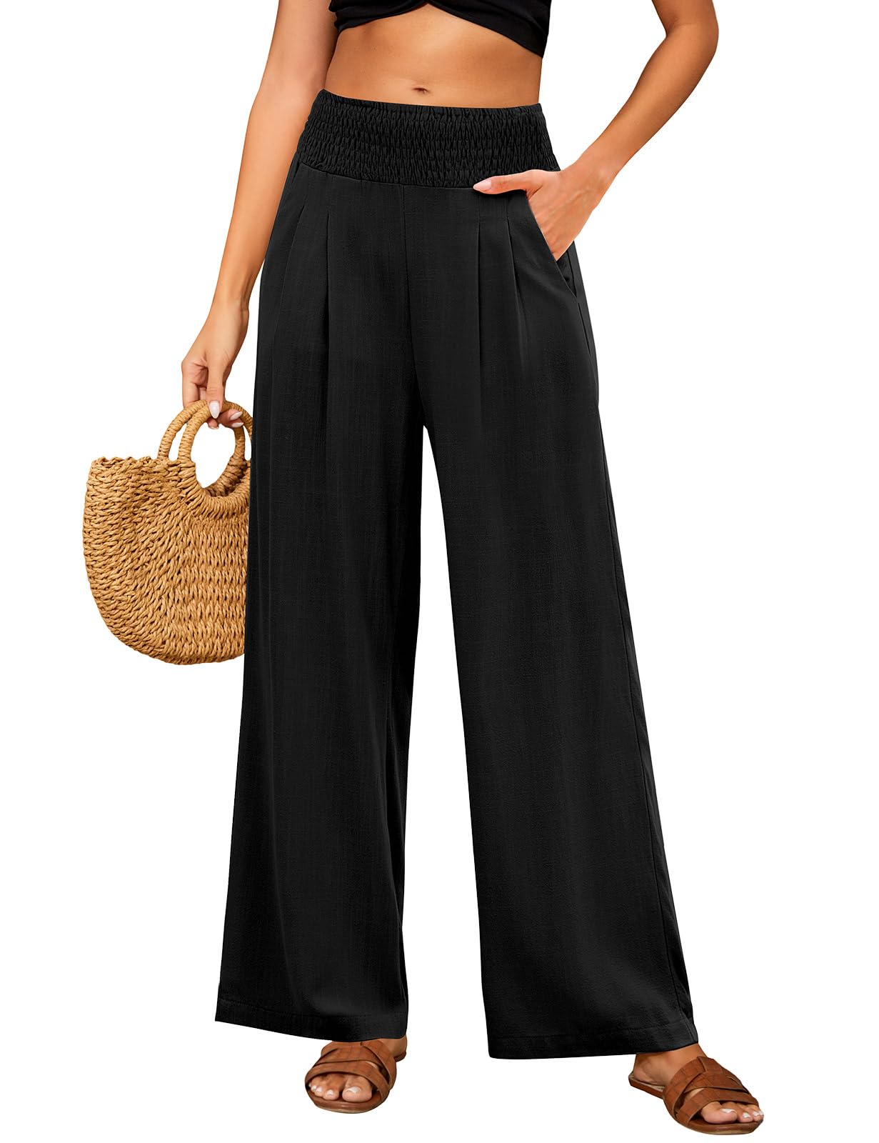 PASUDA Leinenhose Damen Sommer Hose Weites Bein Baumwolle Leinen Sommerhose Elastisch Hohe Taille Lang Freizeithose Leichte Loose Boho Hosen Strandhose mit Taschen Bequeme Stoffhose