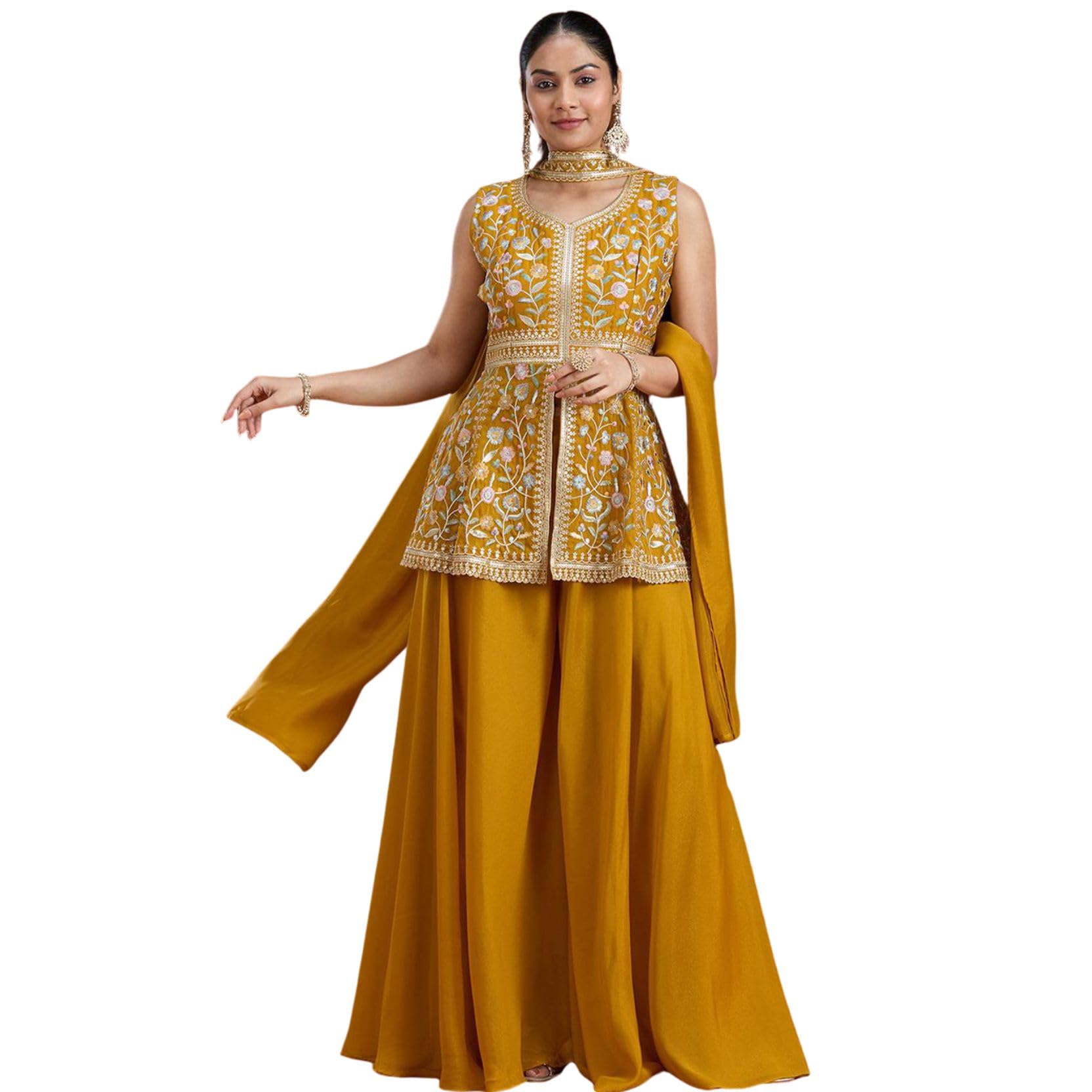 ziyova Womens Star Georgette Sleeveless V Neck Heavy Embroidery Sequence And Floral Work Peplum Kurta with Sharara and Dupatta 3 Piece Ethnic Set-picture-56