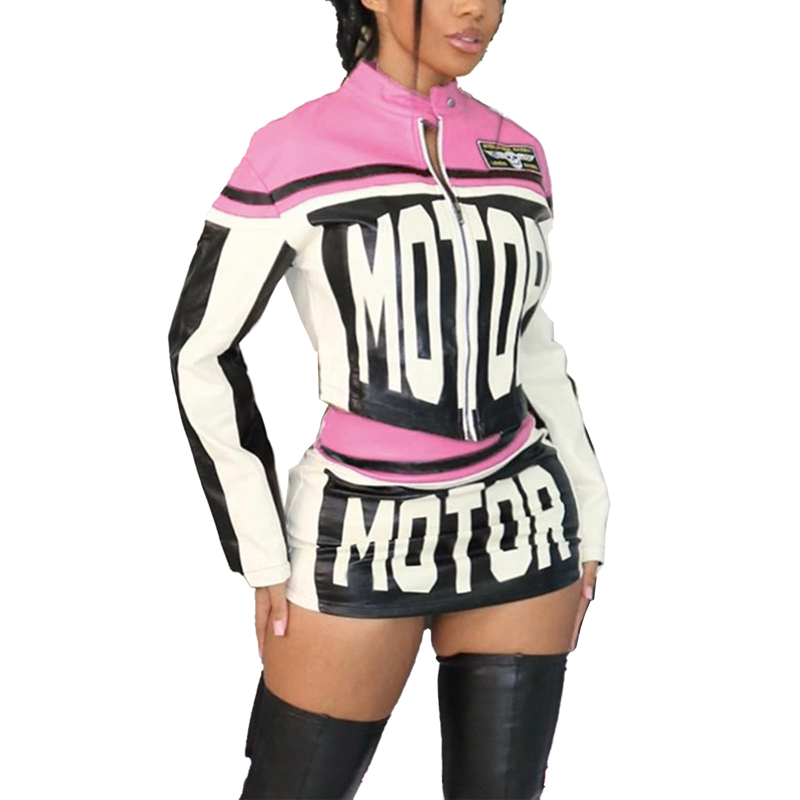 Molilove Completo da donna in 2 pezzi con cerniera giacca a vita alta aderente minigonna set moto giacca Varsity cappotto Streetwear