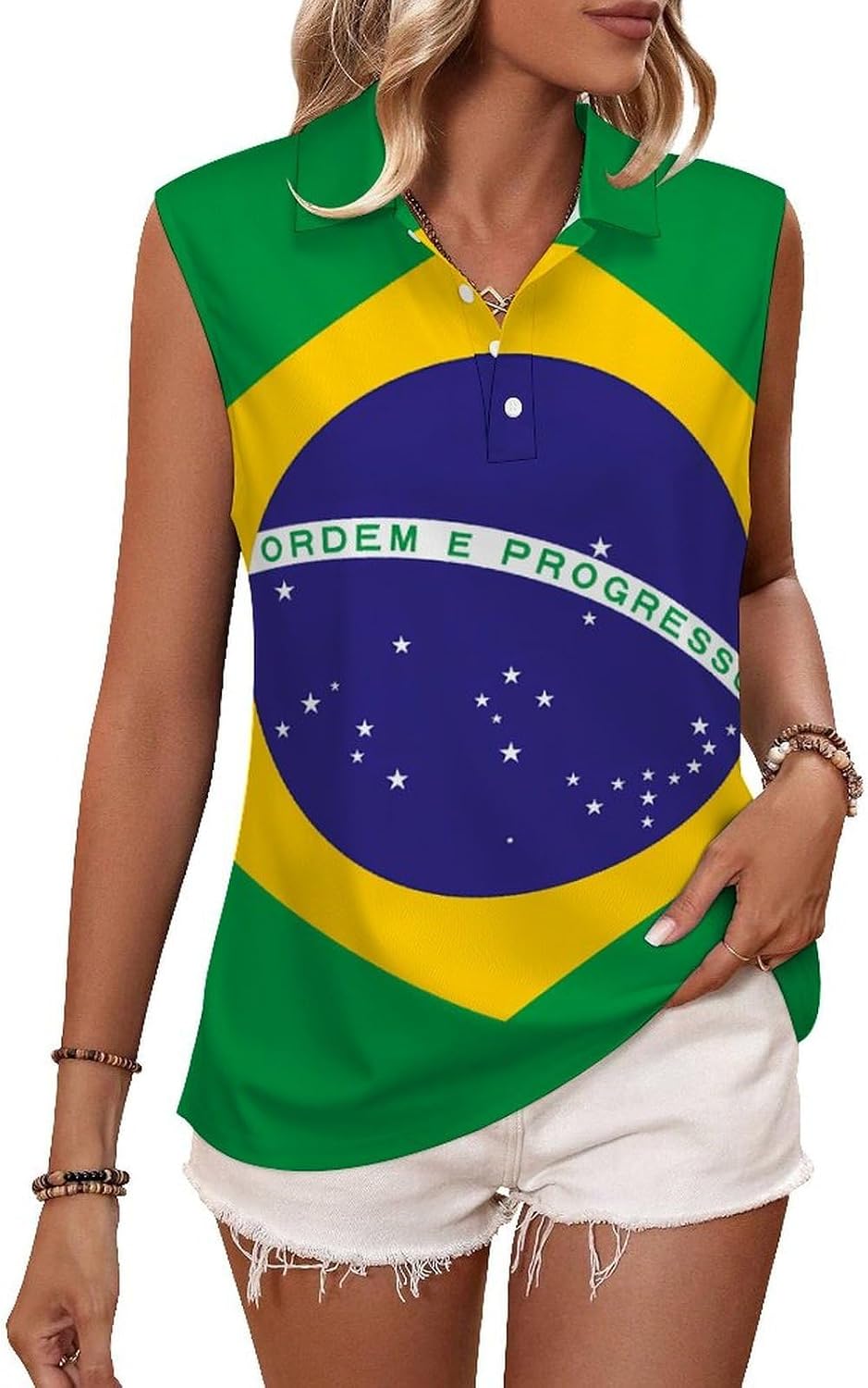 Flag of Brazil Womens Sleeveless V Neck Golf Polo Shirts | Collared Tank Tops