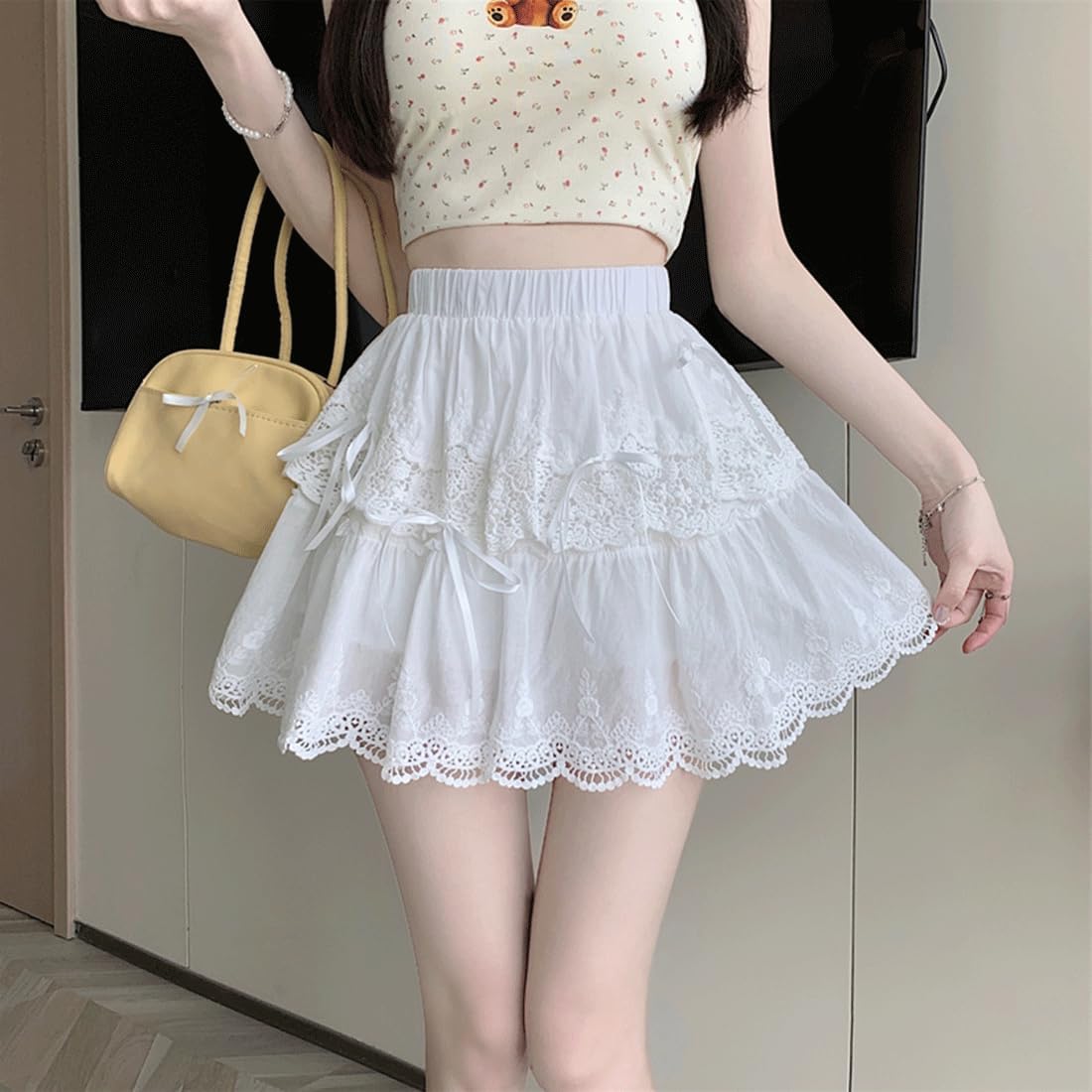 Kawaii Gothic Vintage Casual Style Elastic Waist Bow-Knot Lace Trim Layered White Skirt with Shorts Underneath - Image 2