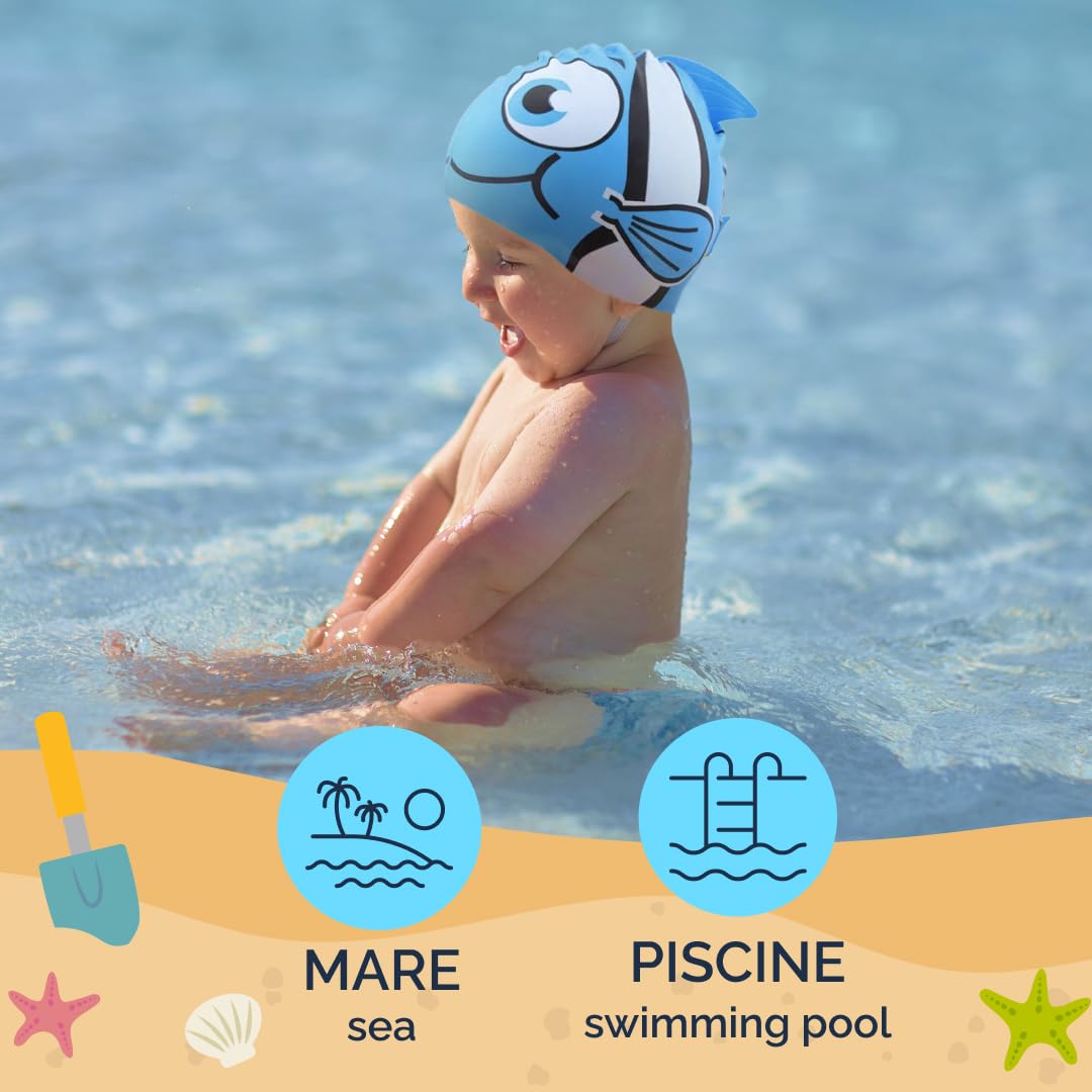 kina - Cuffia da Nuoto Bambini per Piscina, in Silicone, Ipoallergenica, Elastica e Soffice al tatto per Capelli corti e lunghi