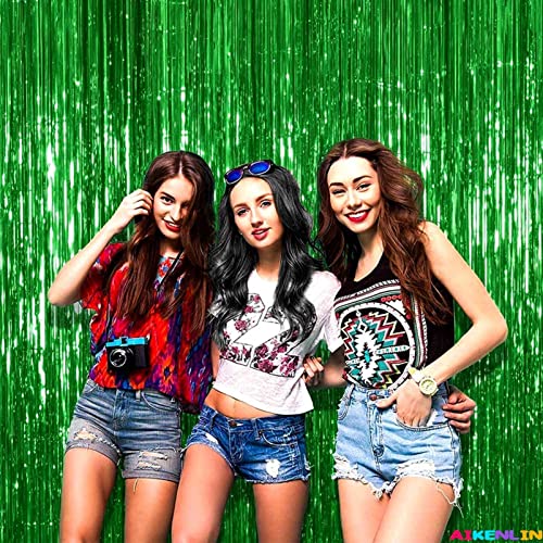 Image of 4 Pack 3.2Ft x 8.2Ft Green Foil Fringe Curtain Backdrop, Metallic Tinsel Foil Fringe Streamers Curtains Background for Photo Booth, Birthday, Wedding, St Patrick Day Party Decoration