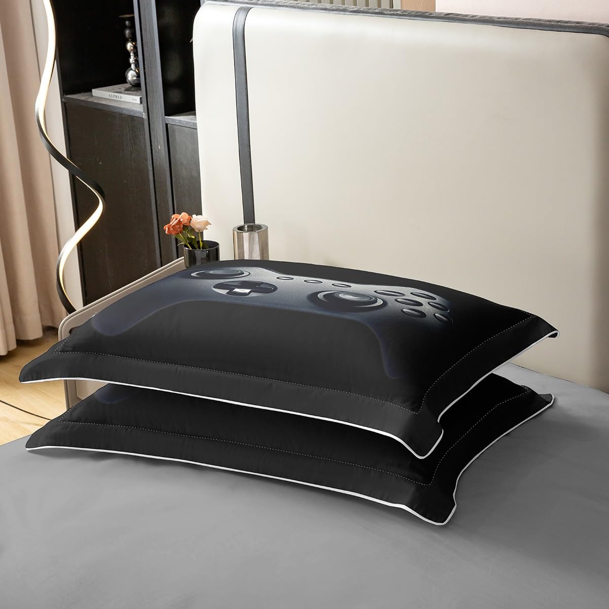 Homewish Housse de Couette 220x240 Jeux Vidéo Coton, pour Ado Garçon, Parure de Lit Manette de Jeux, Ensemble de Literie Patron de Manette de Jeu Vidéo Vintage, Réversible, Noir et Gris