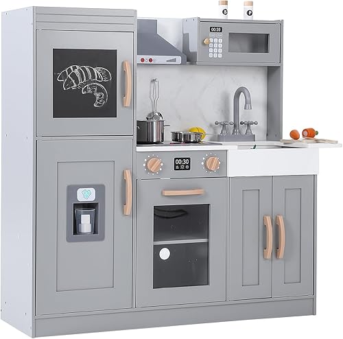 Juego de cocina de madera - Juego de cocina gris con accesorios de utensilios de cocina, microondas, horno, fregadero, luces reales y sonidos