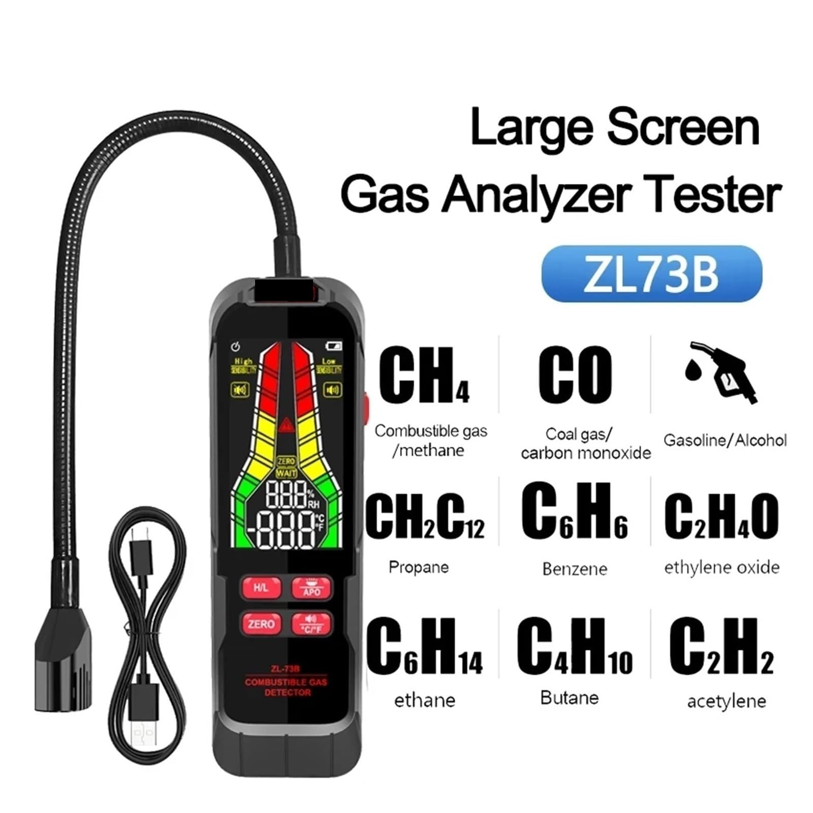 Detector de Gases, Detector de Fugas Gas ZL73B con zumbador y Pantalla LCD, Detector Combustible, analizador Temperatura Humedad, Herramienta Prueba eléctrica(ZL72B)