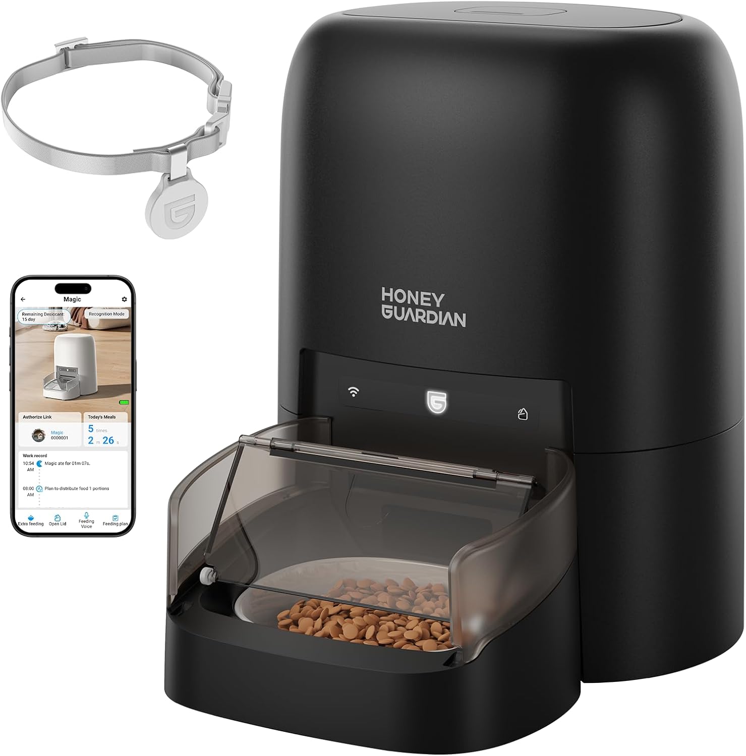 HoneyGuaridan RFID Automatic Cat Feeder with Collar Tag-Activated Personalized Meal, 4.6L 5G WiFi APP Control Cat Food Dispenser with Diet Tracking and Anti-theft for Multi Pet Home and Different Diet