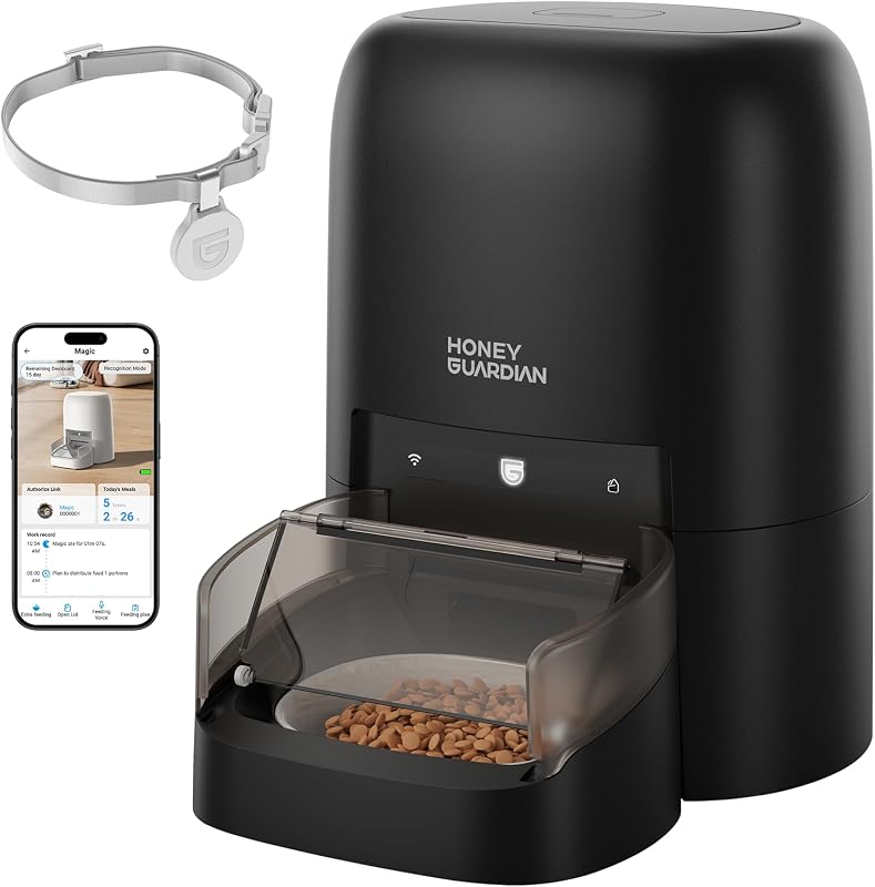 Alimentador automático para gatos HoneyGuaridan RFID, etiqueta de collar para comida personalizada | Dispensador de comida para gatos con WiFi, 4,6l, 5G, con reconocimiento de gatos, seguimiento de dieta y antirrobo para hogares con múltiples mascotas y dietas diferentes