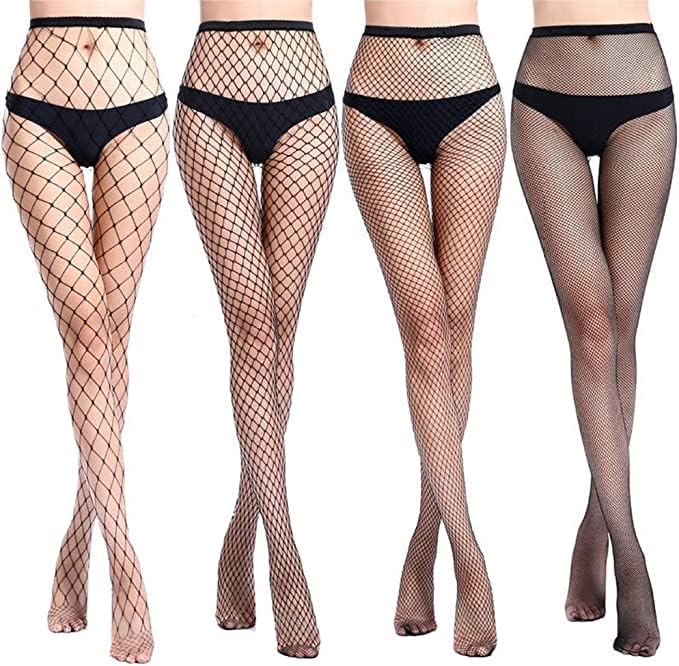 4 Styles Women Fishnet Tights Patterned Fishnets Stockings, black - S