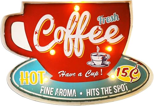 TipTrek Letrero retro de café, metal y madera, 16 x 11 x 2 pulgadas, LED y neón, perfecto para decoración del hogar y cafetería