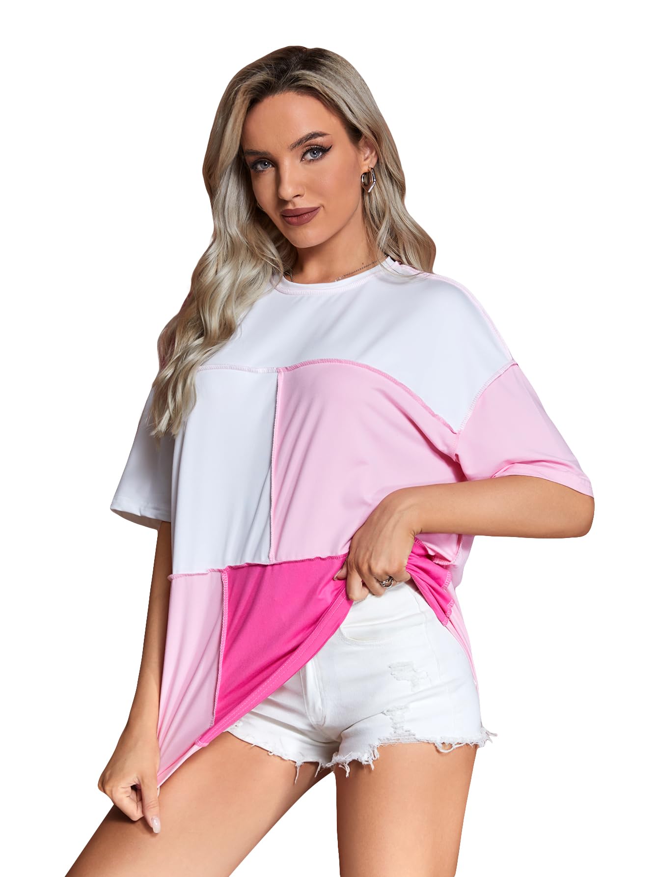 Floerns Women's Colorblock Stitching Trim T-Shirt - Loose Fit Short Sleeve Crew Neck Casual Top - View #9