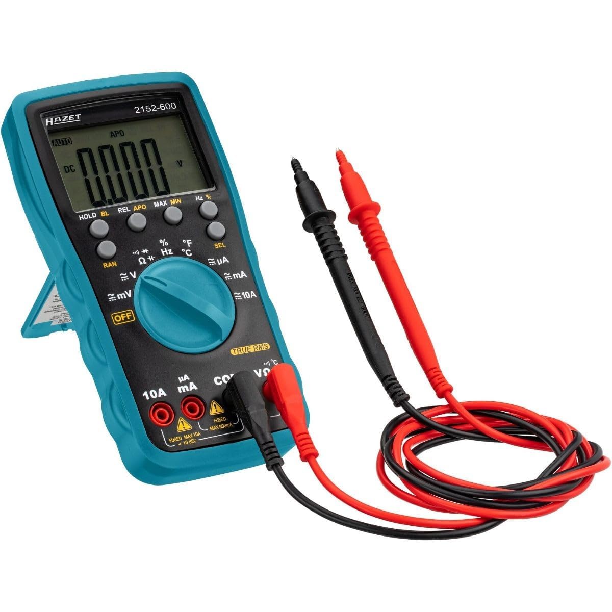 HAZET 2152-500 I Cyfrowy tester z wyświetlaczem LCD, 0-600 V, pomiar napięcia, częstotliwości, pojemności, temperatury i prądu z 2 bateriami z funkcją podtrzymania danych