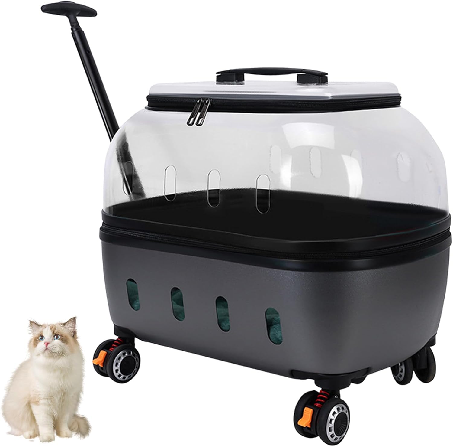 Portable Pet Trolley Case, Transparent & Fully Breathable Hard Cat Carrier with Rolling Wheels, Pet Trolley Case with Telescopic Rod, Wheel Travel Case for Pet, Dog TransparentBlack