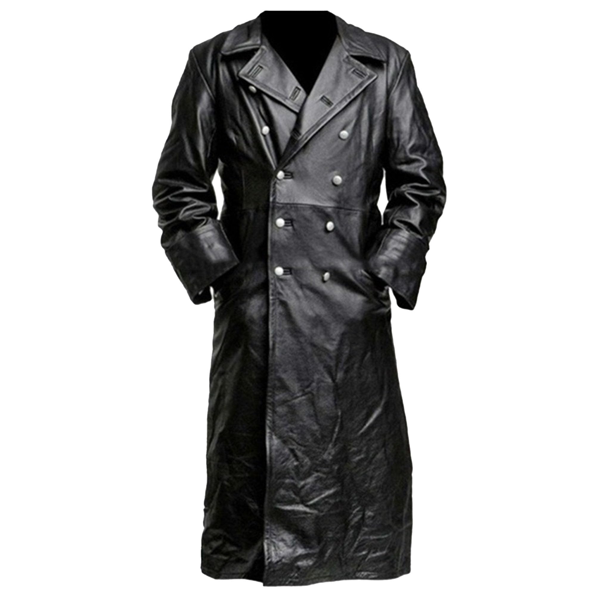 Männer Zweireihige Leder Trenchcoat Militär Uniform Volle Länge Mantel Vintage Motorrad Lange Jakcet