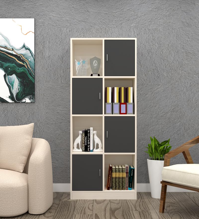 Image of SPECIALITY PANELS 8 Cube Bookshelf with 4 Shutters, White and Grey Storage Organizer, 73x35x176 cm, Carpenter Assembly Provided