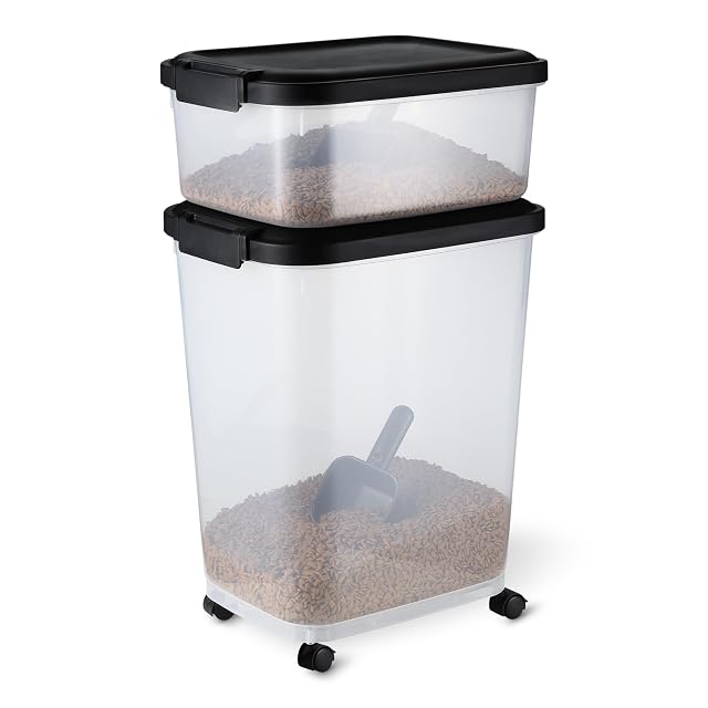 Amazon Basics - Contenedor de Almacenamiento de Alimentos para Mascotas, 15.8 kg + 4.5 kg,Transparente y Negro