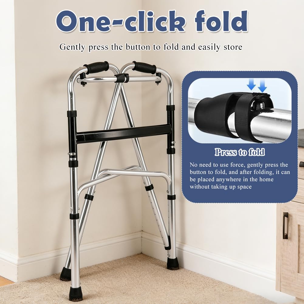 Andador de aluminio, altura ajustable, andador fácil plegable para personas mayores y adultos, andador sin ruedas con almohadillas antideslizantes para los pies para casa y viajes