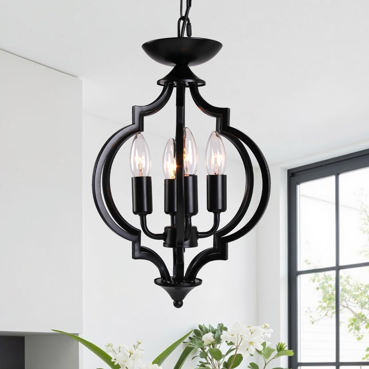 4-Light Farmhouse Chandelier 10.41 Inch Black Industrial Mini Lantern Pendant Light Vintage Rustic Cage Ceiling Light Fixture for Entryway Foyer Kitchen Island Dining Room