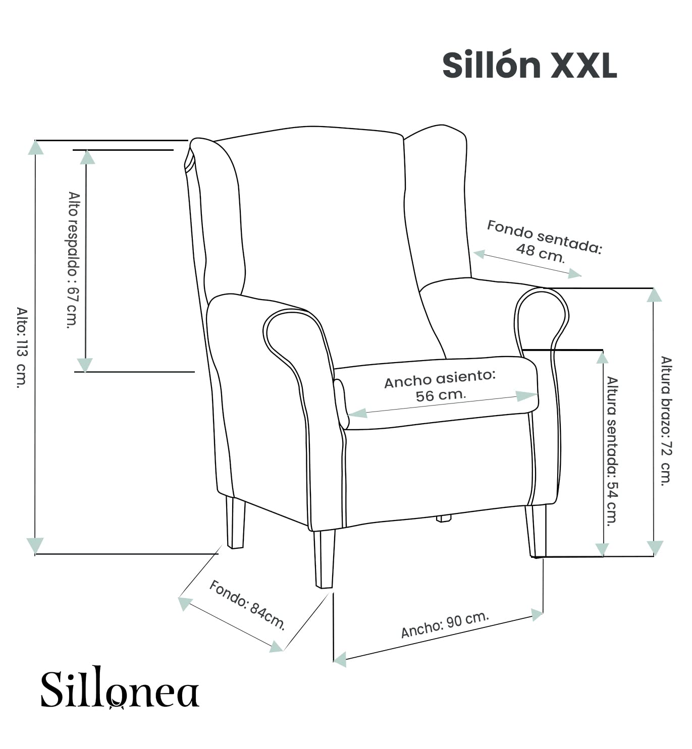 Sillón Orejero XXL, diseñado para Personas corpulentas, con sobrepeso. Estructura y Bastidor Reforzado.. Butaca Grande con Tela Antimanchas. Medidas: 90x84x118 cm. (Gris, Nogal)