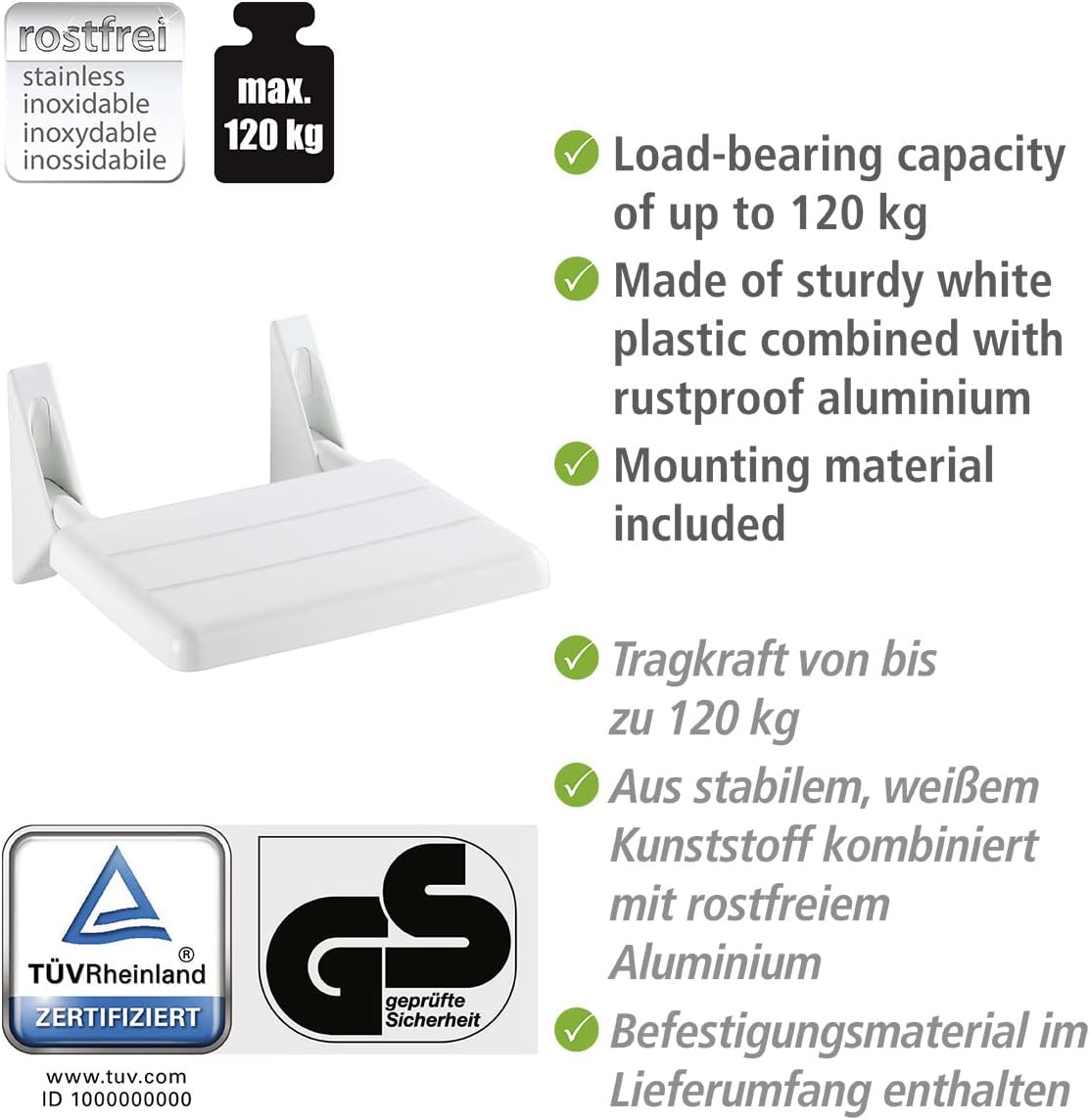 WENKO 179371100 Shower Seat, White, 35 x 19 x 36