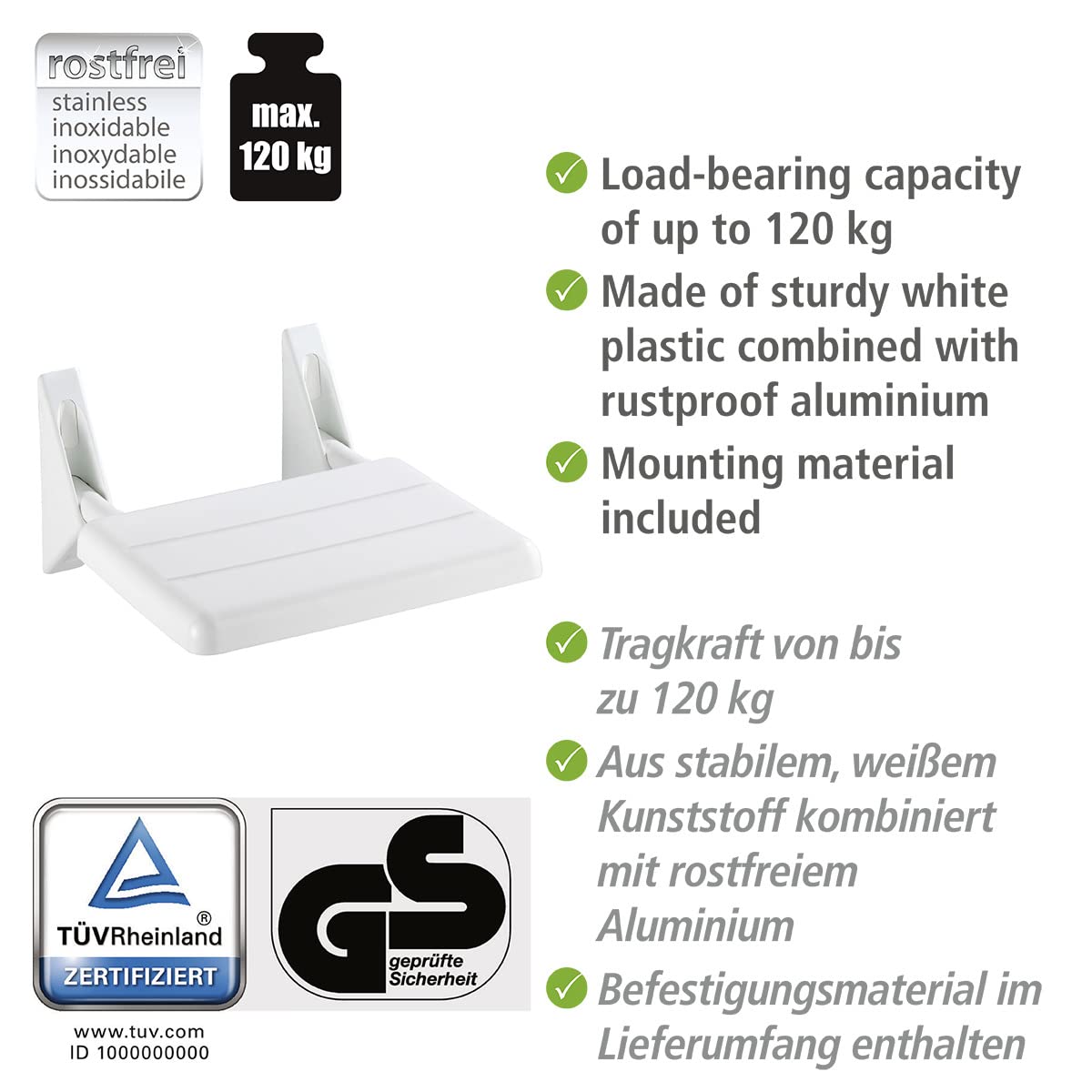 WENKO Asiento plegable de ducha Secura - Asiento de ducha abatible, capacidad de carga de 120 kg, Plástico (ABS), 35 x 19 x 36 cm, Blanco
