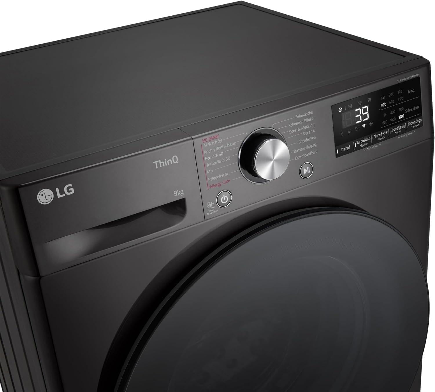 LG F2V7SLIM9B Machine à laver compacte SLIM (9 kg, classe énergétique A-10%, 1200 tr/min) avec AI Wash avec AI DD (TurboWash 360°, Allergy Care, AquaLock), noir