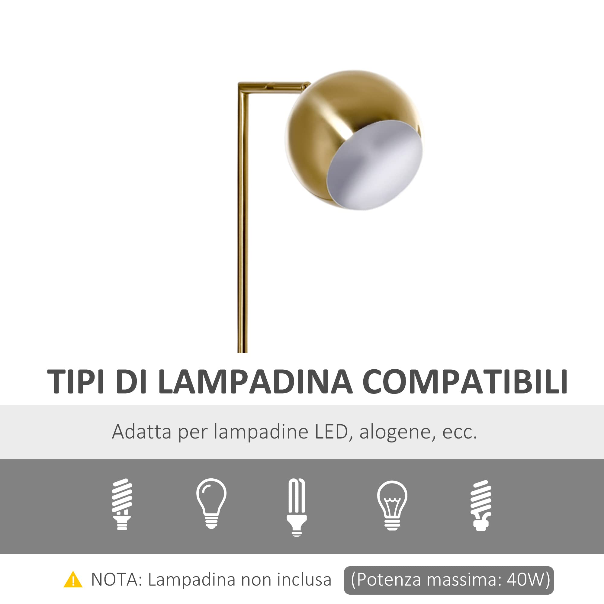 HOMCOM Lampada da Terra Base Rotonda Paralume Regolabile E27 40W Oro | Moderna, in Marmo, Lampada da Salotto e Camera Vintage