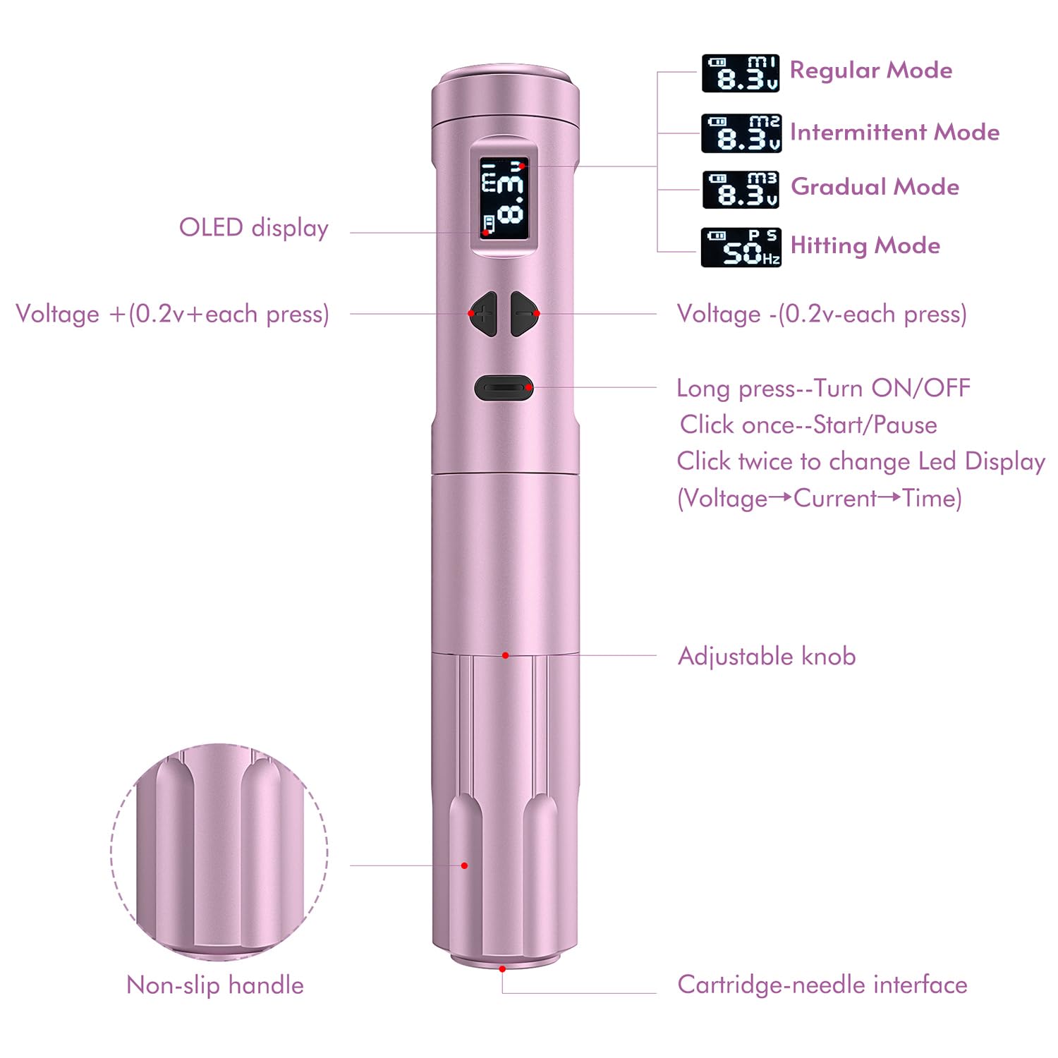 TATELF Kit de máquina de maquillaje semipermanent de Inalambrica con 2 Batería de Alimentación 10 cartuchos agujas para principiantes (Rosa)