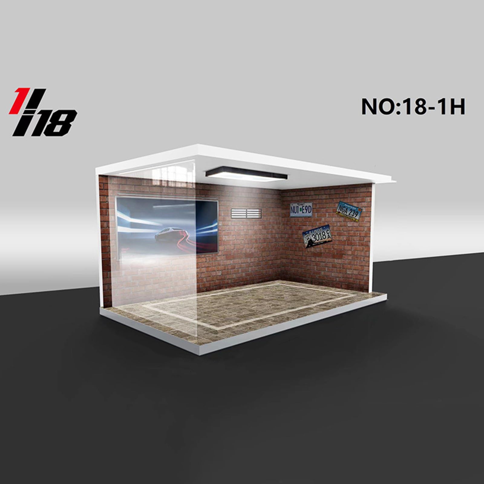 Harilla 1/18 Garage Diecast Vitrine Acryl mit Lichtern Staubdichte Mini Diecast Auto Aufbewahrungsboxen für Die Modellsammlung, Spielzeugautos, Reparaturwerkstatt