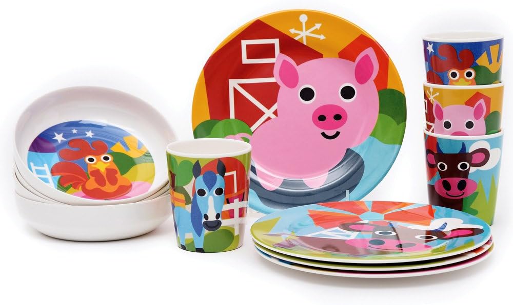French Bull 4pc Toddler Kids Feeding Melamine Tableware Flatware BPA Free Dishwasher Safe, Durable Plate, Cup, bowl, Divided Tray Dinnerware Set, Farm, 4pc bowl set (74292)