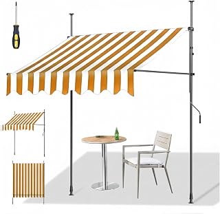 Ausziehbares Terrassenüberdachung ohne Bohren, verstellbare Höhe und Winkel, Verandaschatten mit Schraubendreher, perfekt für Hinterhof, Garten, Gelb und Weiß, 4 m