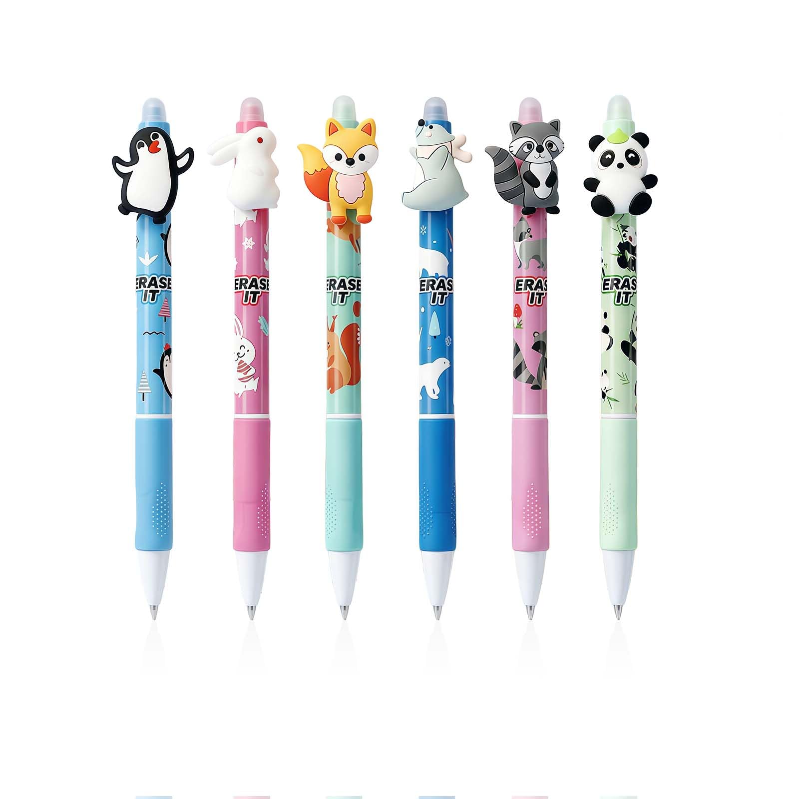 AMFUN Cartoon Animal Erasable Gel Pen, Set of 6 Gel Pens Erasable with Animal Motifs Designs, Cute Rub Out Press-to-Pen With Eraser For Office, School Stationery Supplies(Blue)