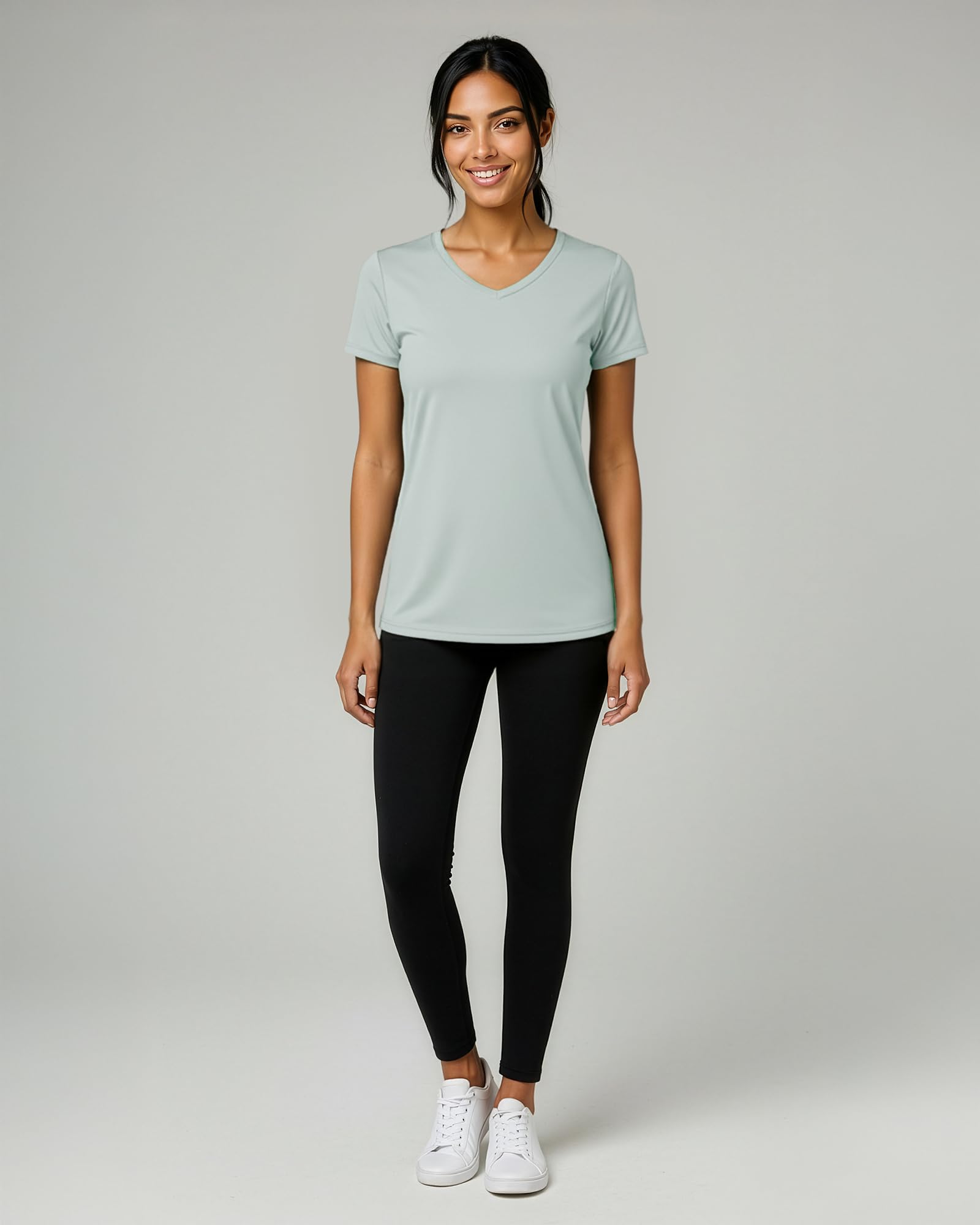Real Essentials Paquete de 5: Camiseta de Entrenamiento de Manga Corta con Cuello en V para Mujer, para Fitness, Gimnasio, Atletismo, Yoga (Plus Disponible)