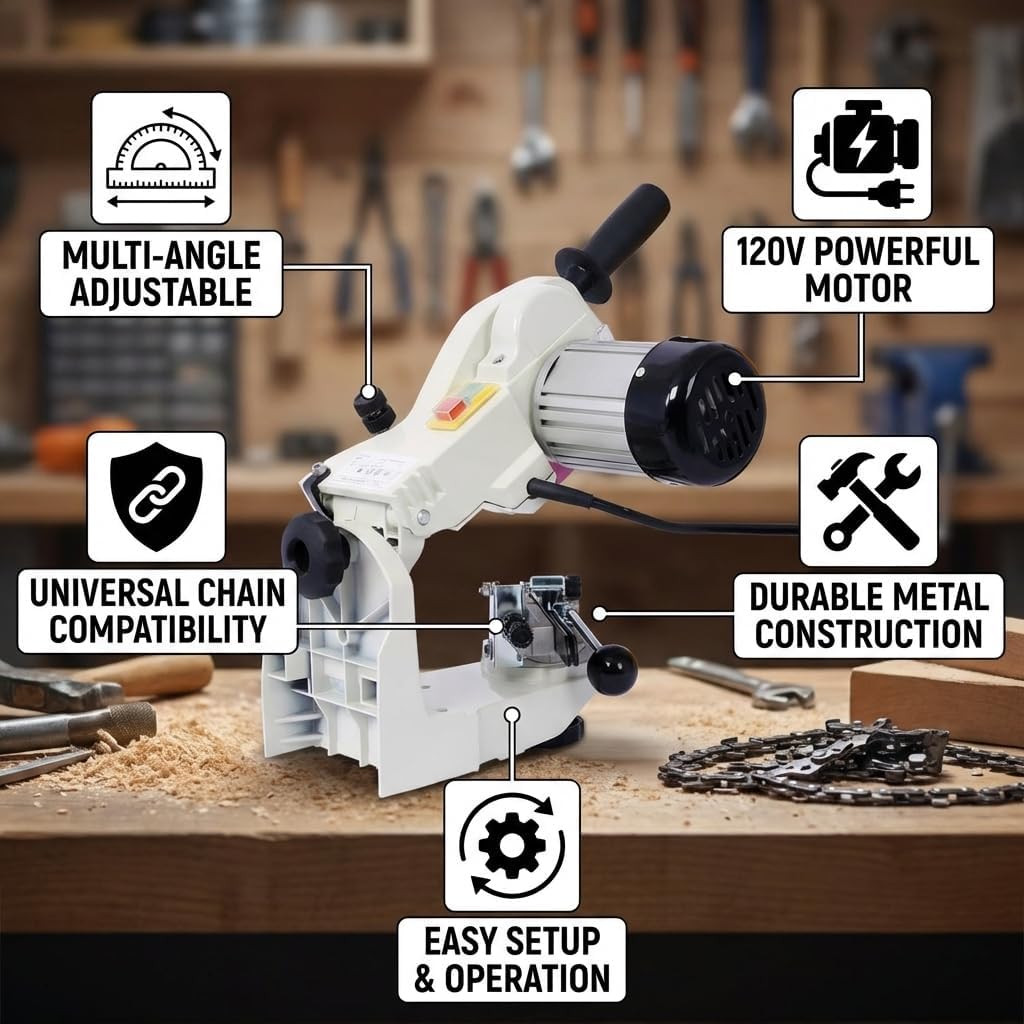 Professional Chainsaw Sharpener, Multi-Angle Adjustable Chain Grinder, 120-Volt Bench Chain Sharpener Chainsaw Sharpener Grinder with Universal Saw Chain Chain Saw Sharpener Compat